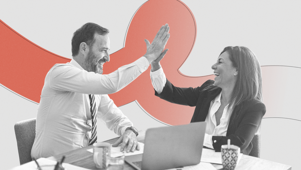 Two project managers do a high five because they know what a project manager is and how to become a project manager.