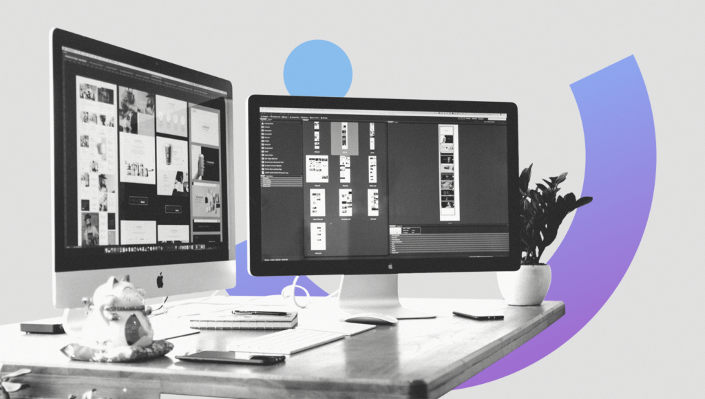 Two monitors that show web design layouts as part of web designer job descriptions.